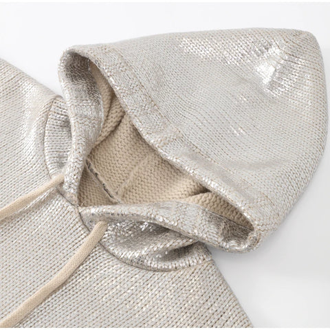WOLFF Metallic Silver Hoodie Knit Sweater