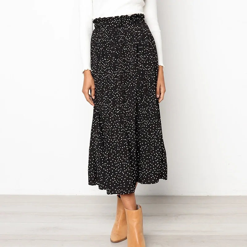 Polka Dot Elastic High Waist Pleated Midi Skirts