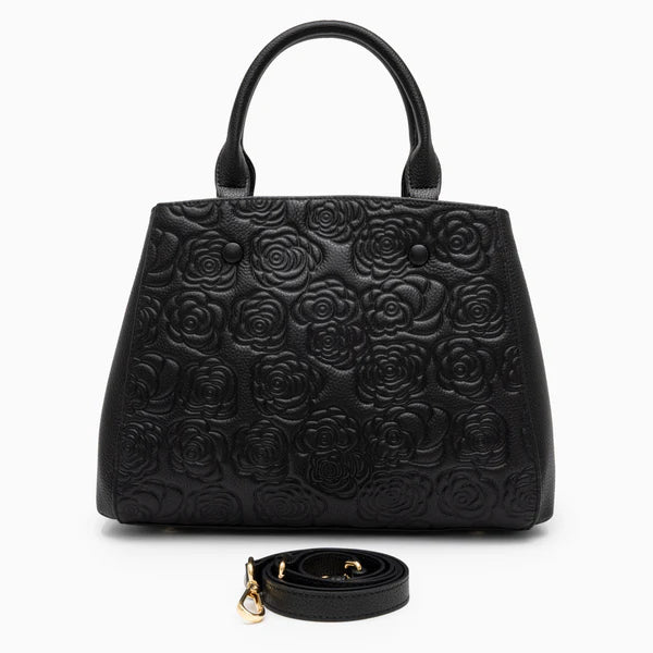 Floral Embossed Genuine Leather Handbag