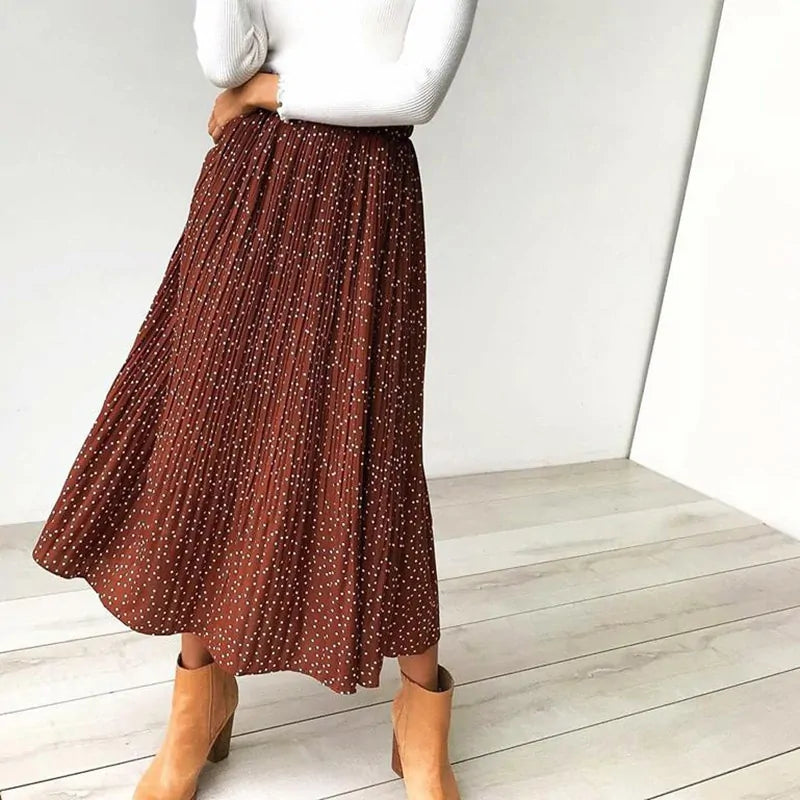 Polka Dot Elastic High Waist Pleated Midi Skirts