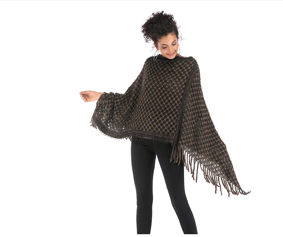 Fringed Houndstooth Poncho