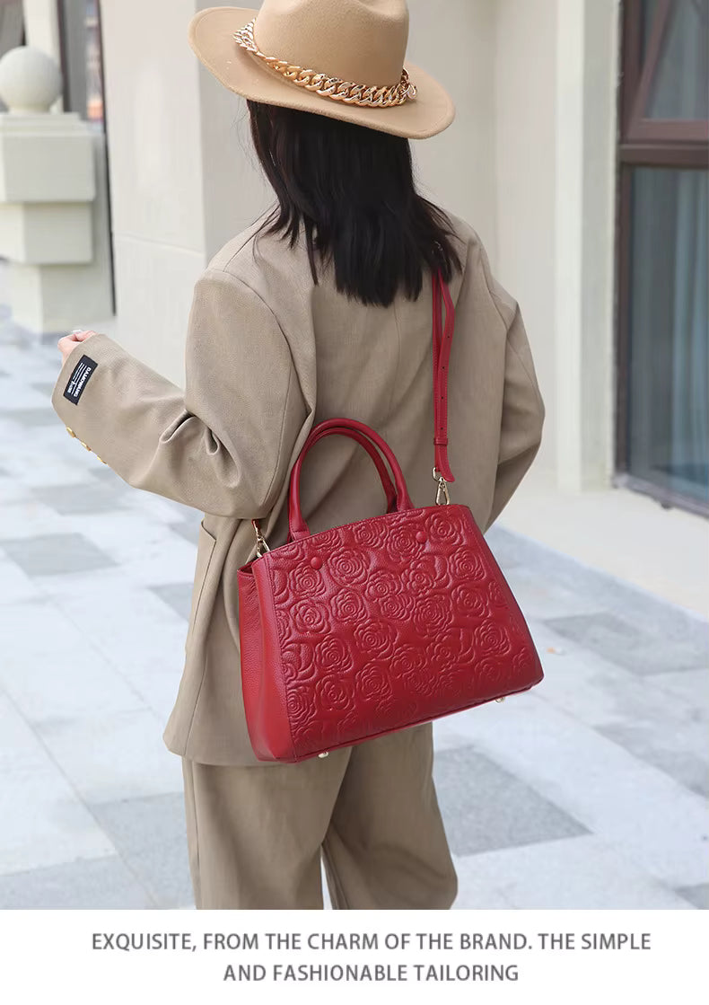 Floral Embossed Genuine Leather Handbag