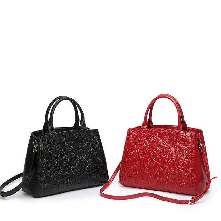 Floral Embossed Genuine Leather Handbag