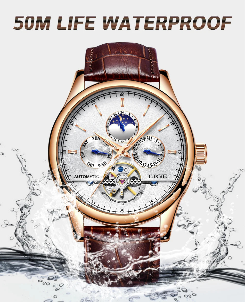LIGE Belmont Automatic Mechanical Tourbillon Waterproof Watches