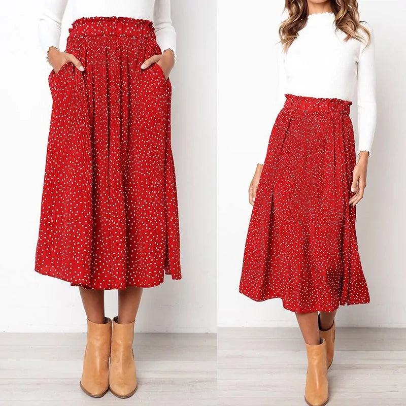 Polka Dot Elastic High Waist Pleated Midi Skirts