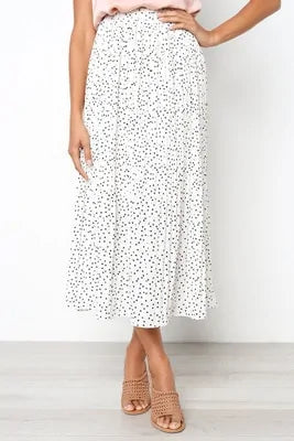 Polka Dot Elastic High Waist Pleated Midi Skirts