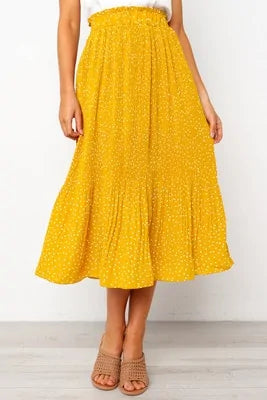 Polka Dot Elastic High Waist Pleated Midi Skirts