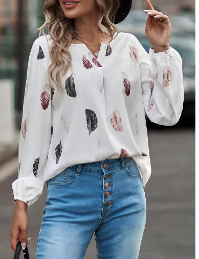 Feather Notched Neck Bishop Sleeve Blouses
