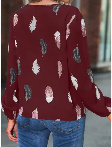 Feather Notched Neck Bishop Sleeve Blouses