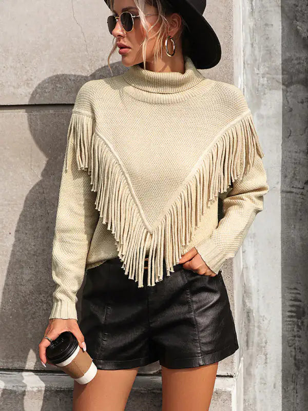Fringed Turtleneck Knitted Sweater