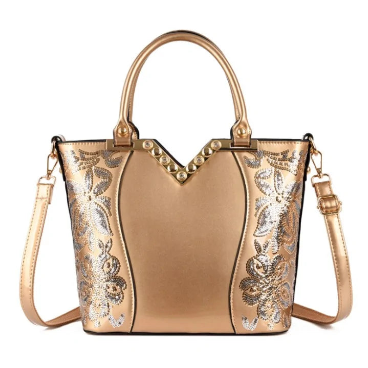 Luxury Sequin Embroidery Patent Leather Handbag