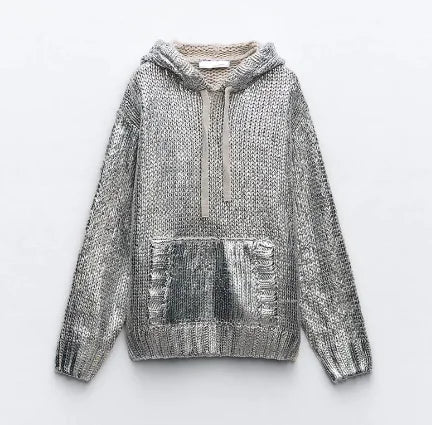 WOLFF Metallic Silver Hoodie Knit Sweater