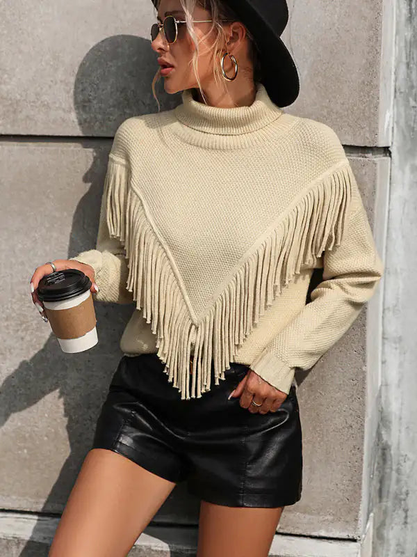 Fringed Turtleneck Knitted Sweater