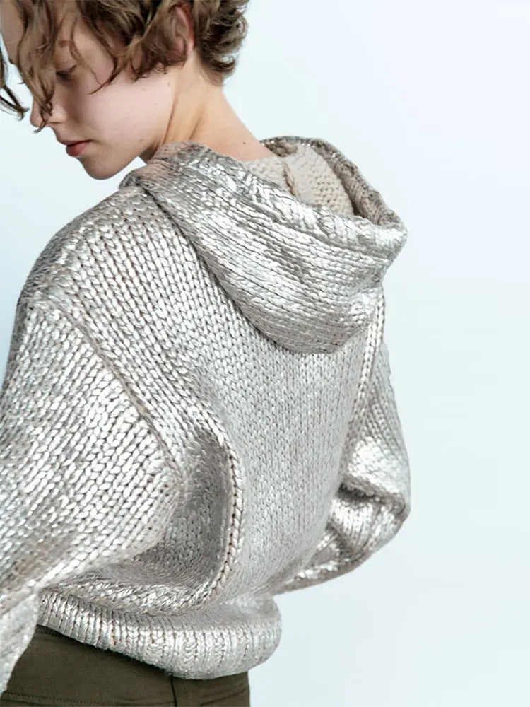 WOLFF Metallic Silver Hoodie Knit Sweater