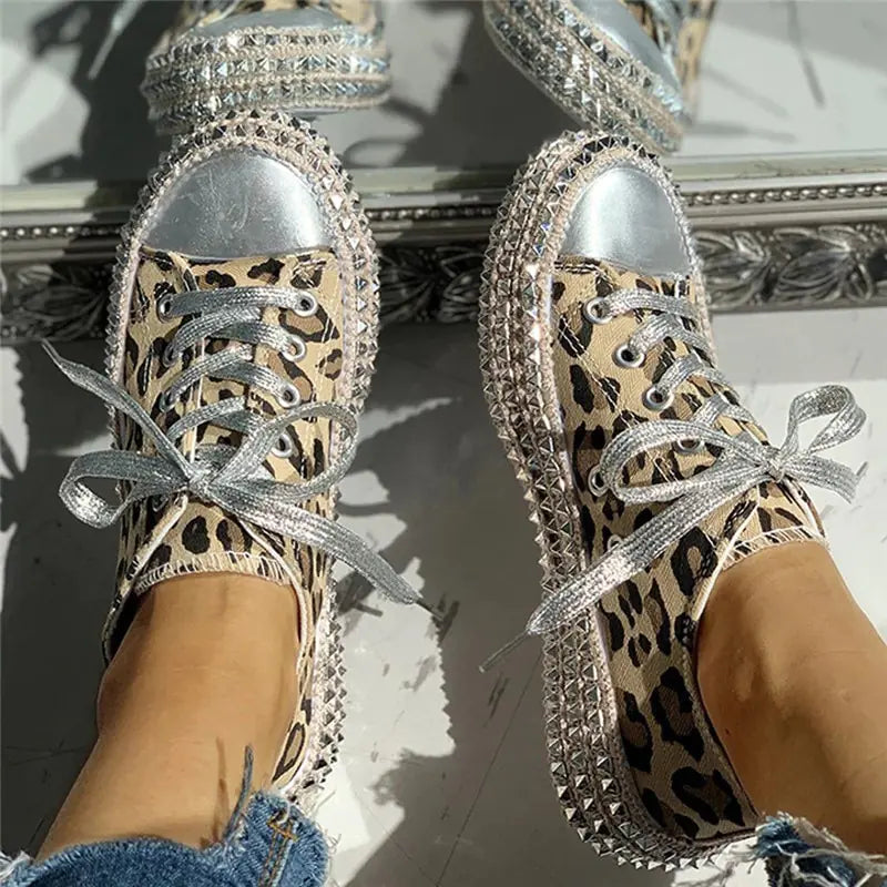 Leopard Print and Black Bling Canvas Shoes