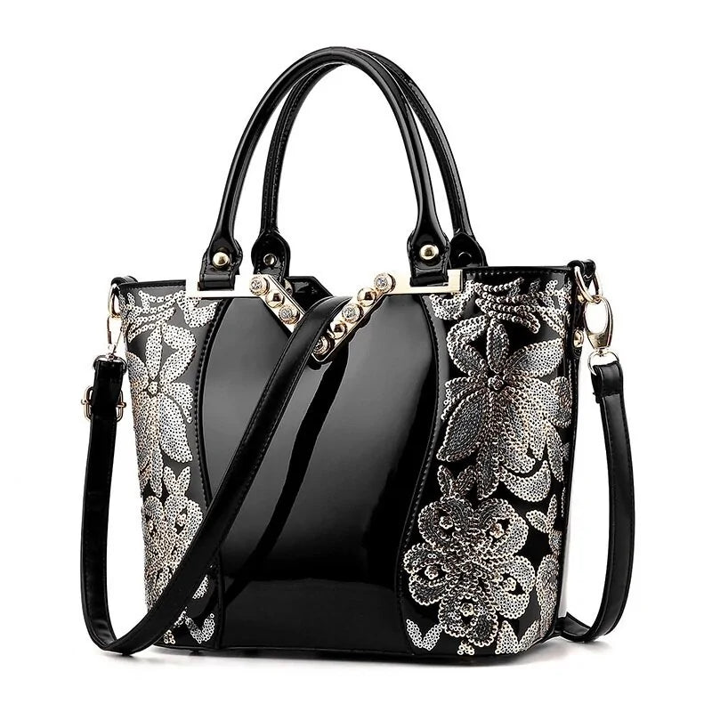 Luxury Sequin Embroidery Patent Leather Handbag