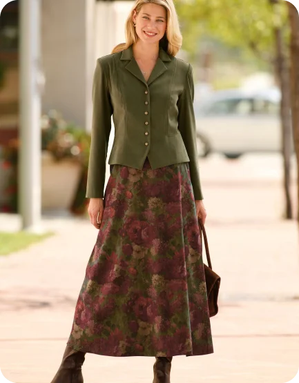 Chic Plum Floral High-Waist A-Line Skirt