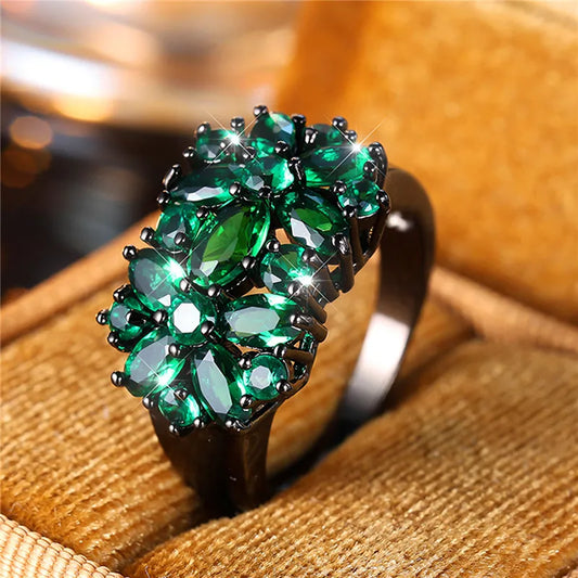 ANGOL Bohemian Emerald and Black Star Synthetic Zirconia Statement Ring