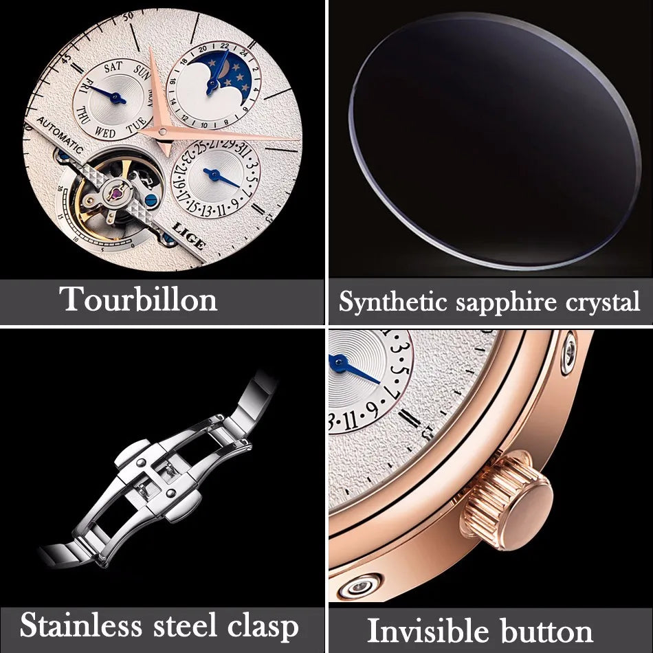 LIGE Belmont Automatic Mechanical Tourbillon Waterproof Watches
