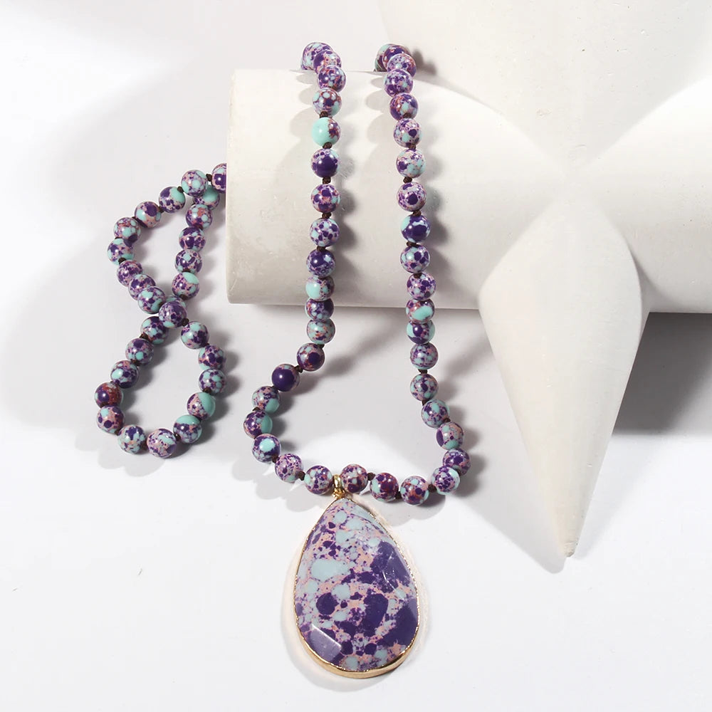 Bohemian Beaded Stone Teardrop Pendant Necklace