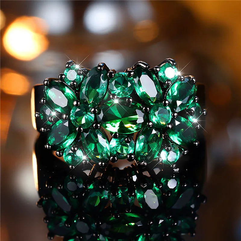 ANGOL Bohemian Emerald and Black Star Synthetic Zirconia Statement Ring