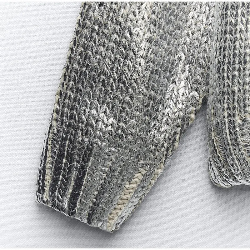 WOLFF Metallic Silver Hoodie Knit Sweater