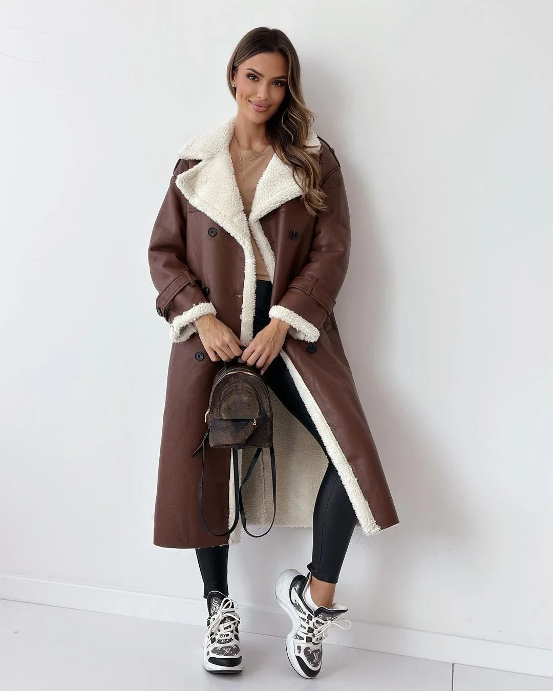 Double Lapel Maillard Leather Shearling Coats