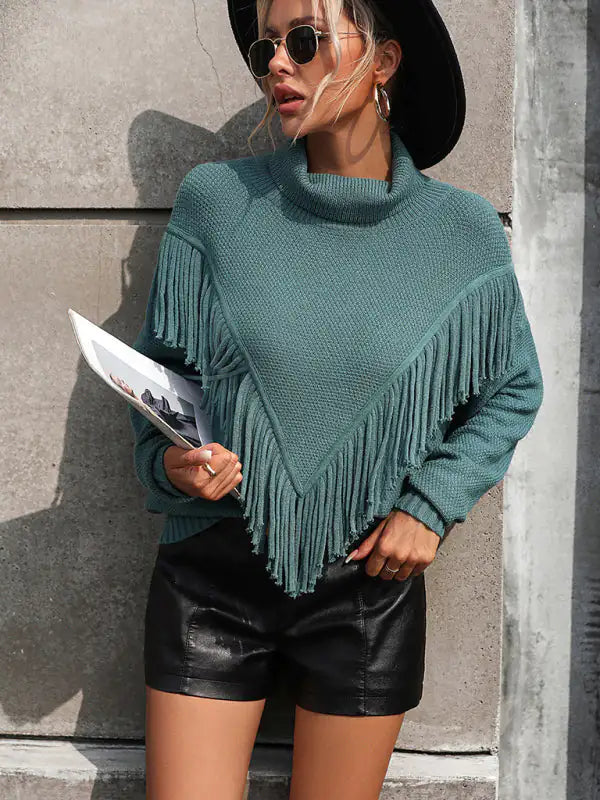 Fringed Turtleneck Knitted Sweater