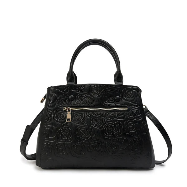 Floral Embossed Genuine Leather Handbag