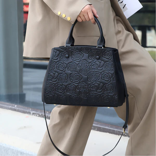 Floral Embossed Genuine Leather Handbag