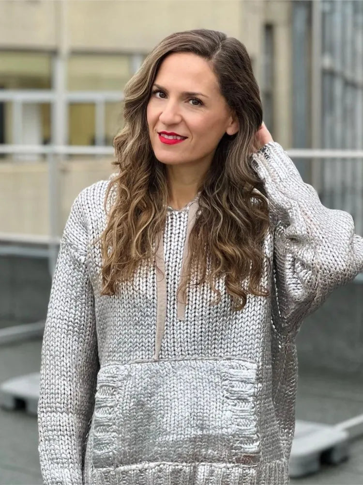 WOLFF Metallic Silver Hoodie Knit Sweater
