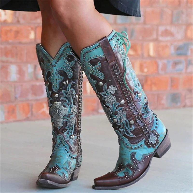 Chic Embroidered Mid-Calf Western Boots