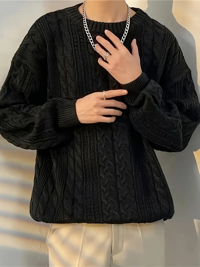 Cozy Geometric Plus Size Acrylic Aran Crew Neck Sweater