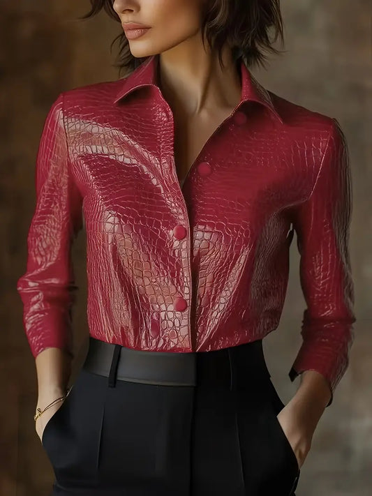 PUPU Crocodile Embossed Vegan Leather Blouse