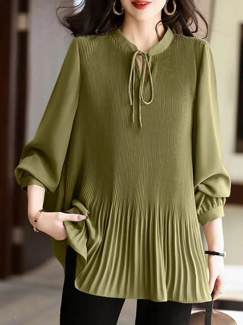 ZANZEA Plus Size Fine Pleated Long Sleeve Top
