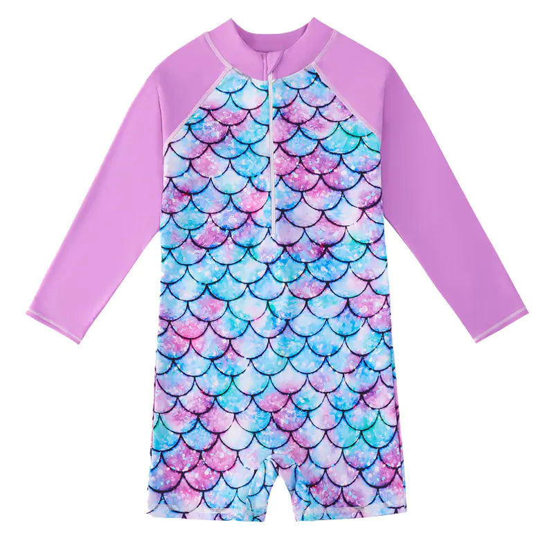 Girls Mermaid One Piece Rash Guard Swimsuits