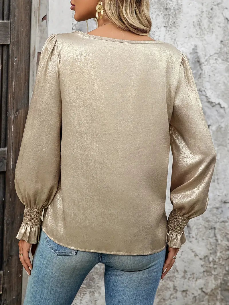 Champagne Gold Round-Neck Bell-Sleeve Top