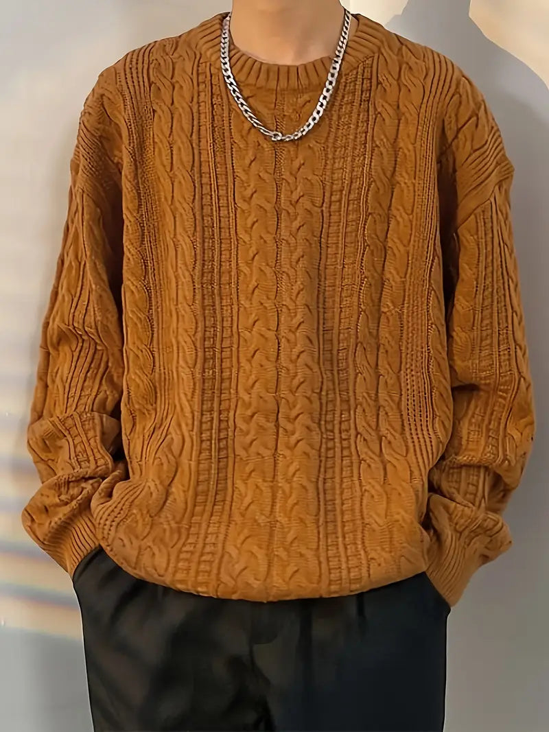 Cozy Geometric Plus Size Acrylic Aran Crew Neck Sweater