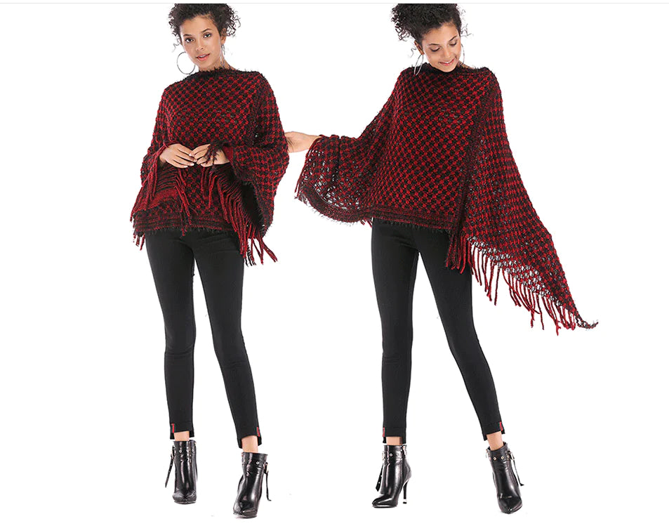 Fringed Houndstooth Poncho