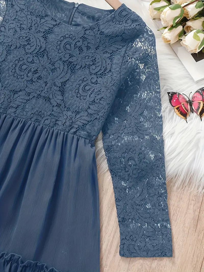 Lace Trim Long Sleeve Ruffle Dresses