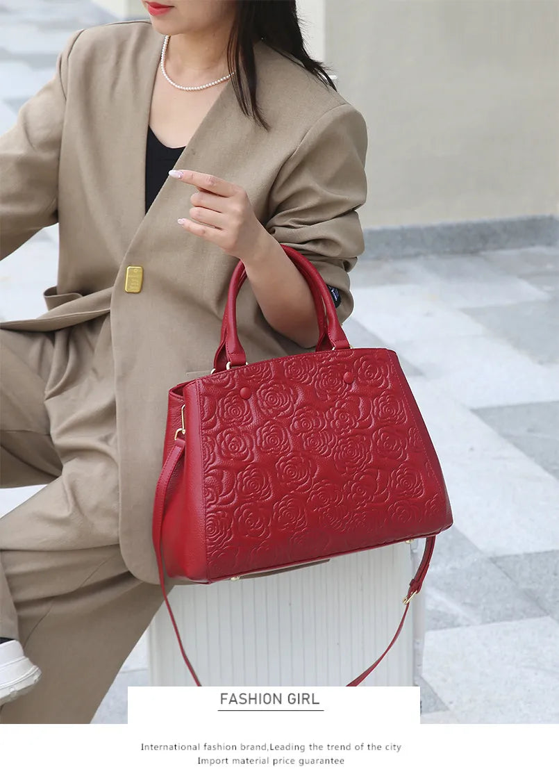 Floral Embossed Genuine Leather Handbag