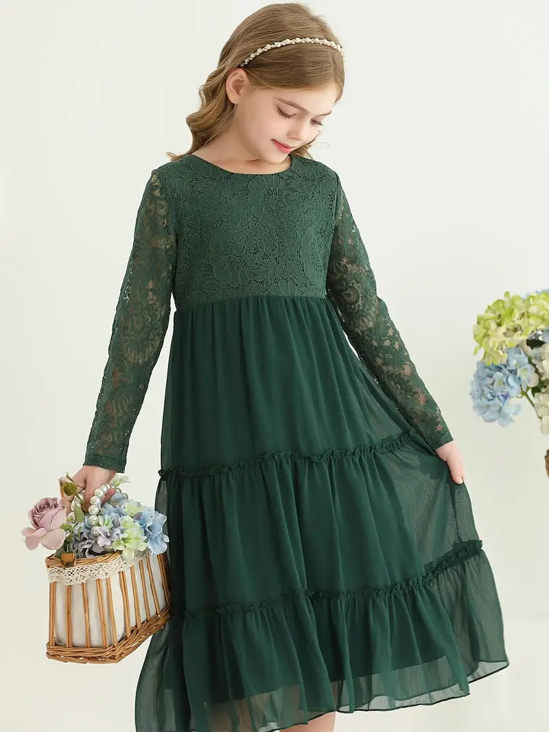Lace Trim Long Sleeve Ruffle Dresses