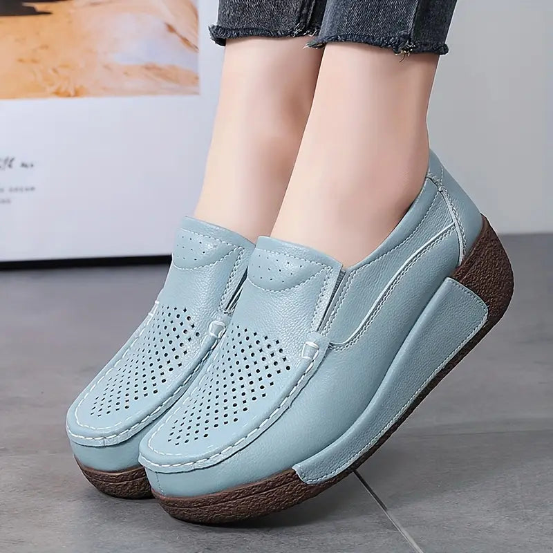 Lightweight Cowhide Leather Slip-On Platform Loafers