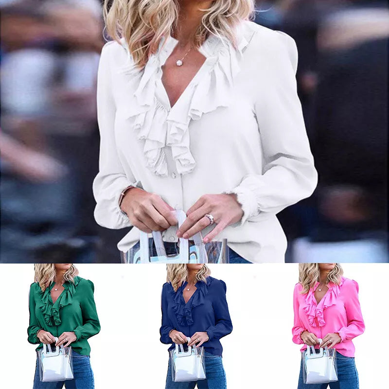 Chiffon Long Sleeve V-neck Ruffle Blouse