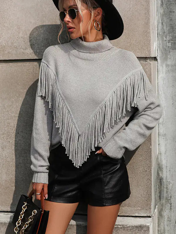 Fringed Turtleneck Knitted Sweater