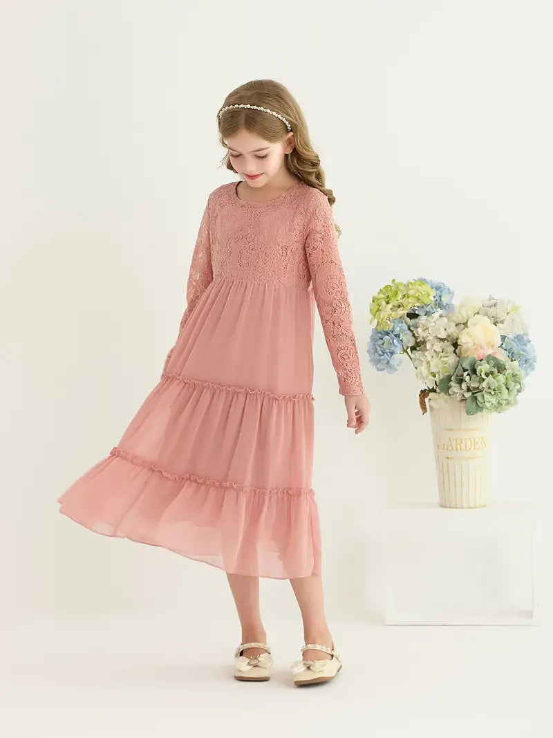 Lace Trim Long Sleeve Ruffle Dresses