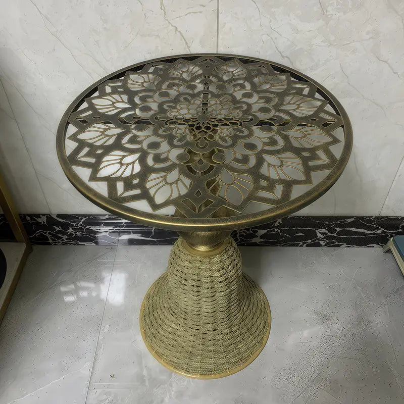Intricate Floral Metal & Handcrafted Rattan Coffee Table