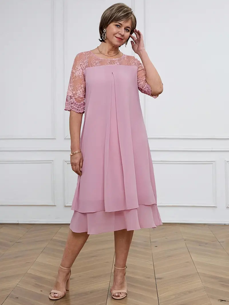 Plus Size Embroidered Chiffon Midi Dress