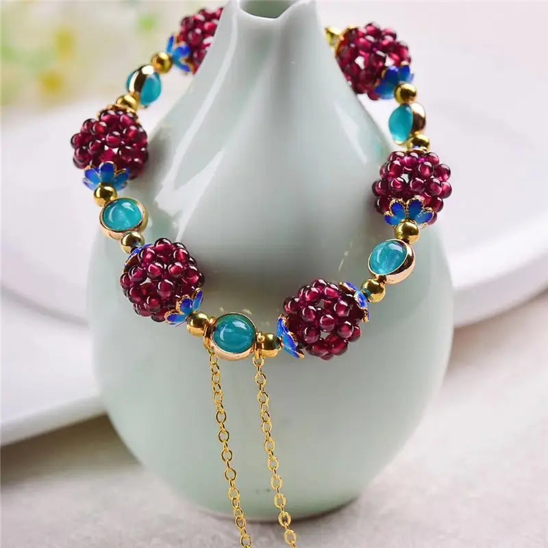 Boho Garnet Grape Cluster Vintage Beaded Bracelet