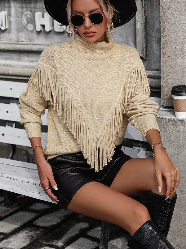 Fringed Turtleneck Knitted Sweater